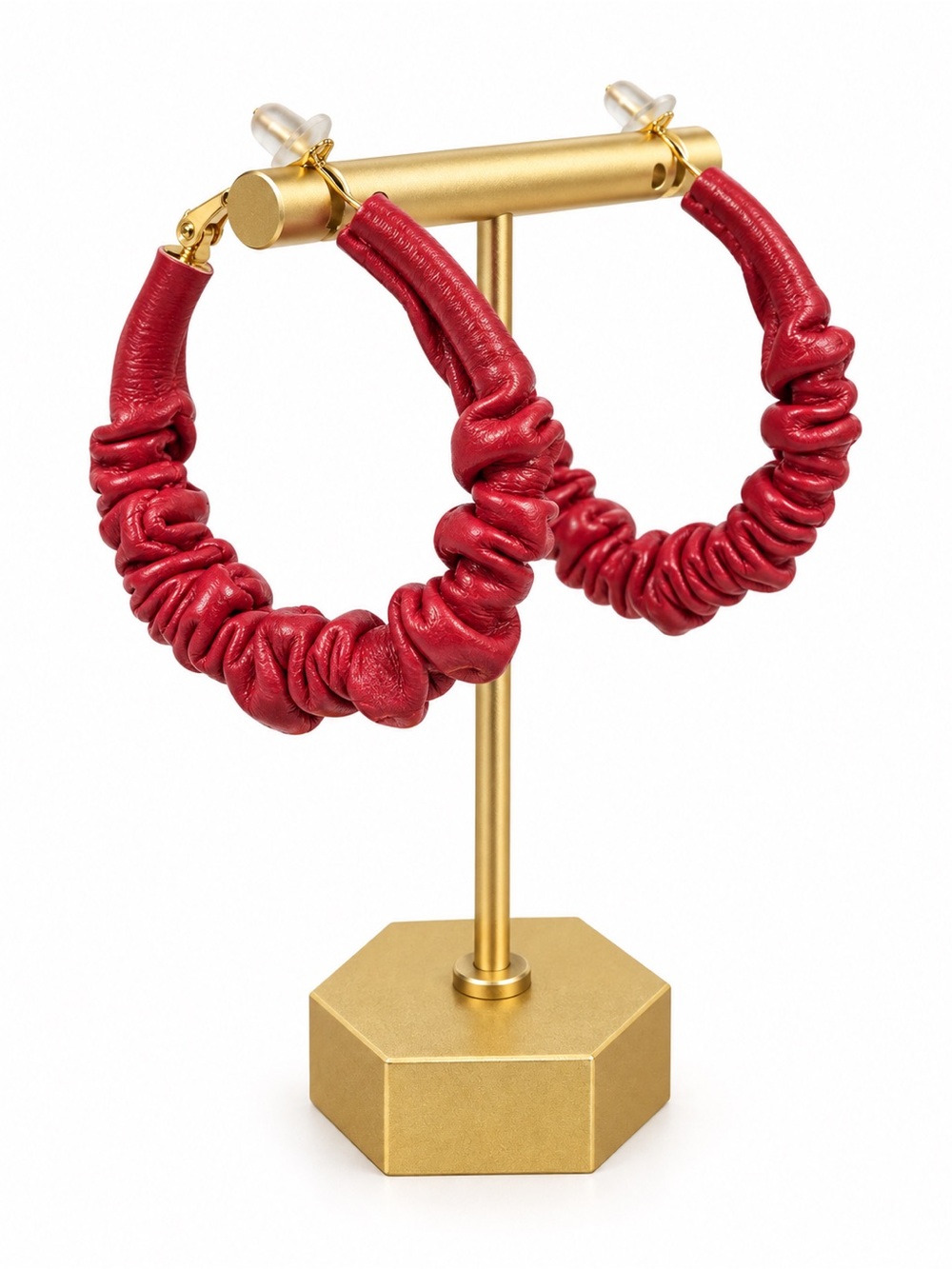 Brand New Wine Red Faux Leather Ruched Hoop Earrings 2” Statement Hoops
